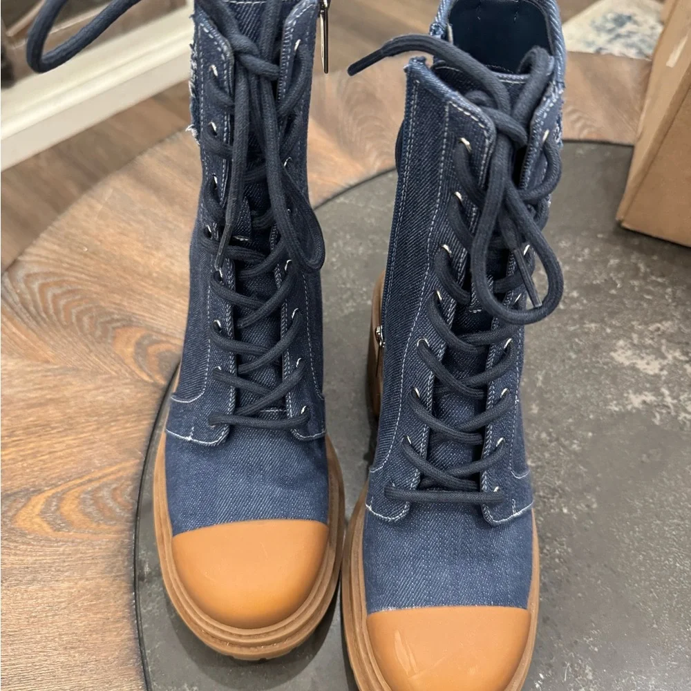 Michael Kors Blue Denim Lace-Up Platform Boots with Tan Cap Toe - Picture 4 of 4